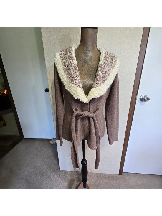 Rosie Neira Sweaters - Rosie Neira Large 100% Wool Cardigan With Tie Front & Textured Collar Brown/Crea